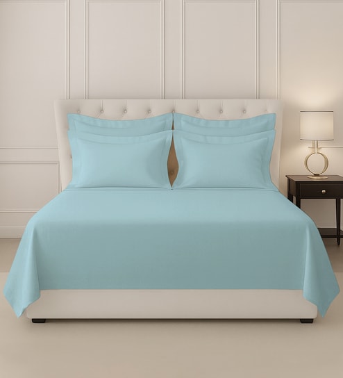 Baby Blue Solid 400 TC Cotton Super King Sized Bedsheet with 4 Pillow Covers