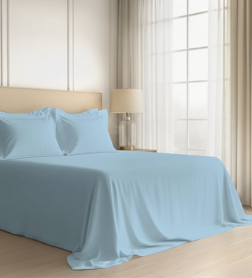 Baby Blue Solid 600 TC Cotton Super King Sized Bedsheet with 4 Pillow Covers