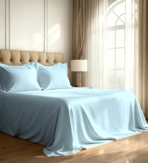 Baby Blue Solid 800 TC Cotton Super King Sized Bedsheet with 4 Pillow Covers
