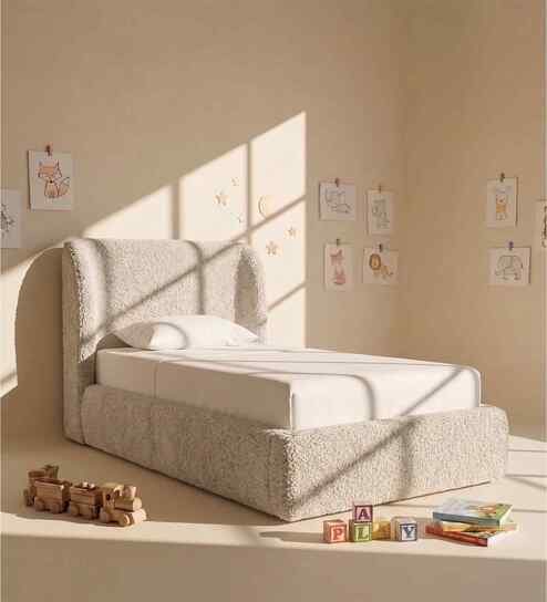 Baby Breeze Boucle Kids Twin Bed With Box Storage In Cream Colour