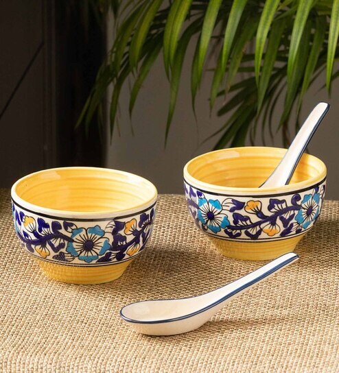 Ceramic Handled Soup Bowl Set with Spoon ( 300ml, Amber, Teal