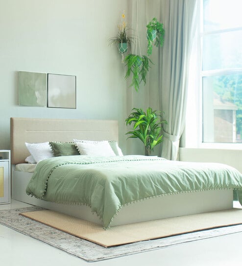 Bakhti Queen Size Upholstered Bed In Beige Colour & White Colour With Box Storage