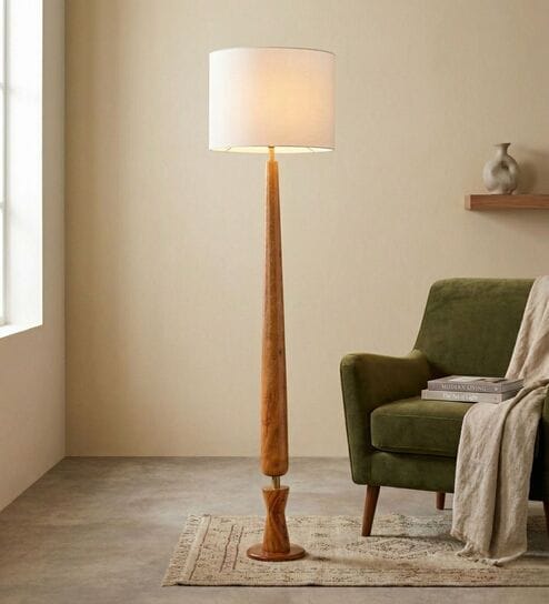 Balance Sculptural Minimal Natural Wooden Floor Lamp for Living Room & Bedroom in Loose Weave Texture Off white Color Shade