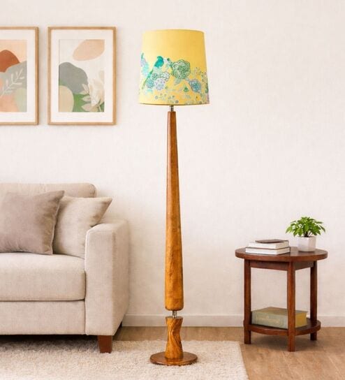 Balance Sculptural Minimal Natural Wooden Floor Lamp for Living Room & Bedroom in Printed Yellow Color Shade