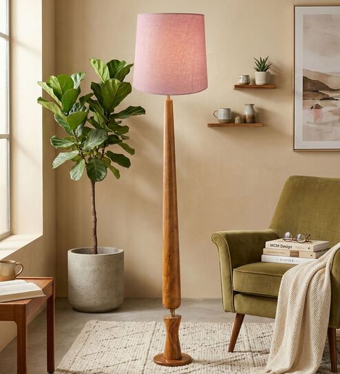 Balance Sculptural Minimal Natural Wooden Floor Lamp for Living Room & Bedroom in Solid Blush Pink Color Shade