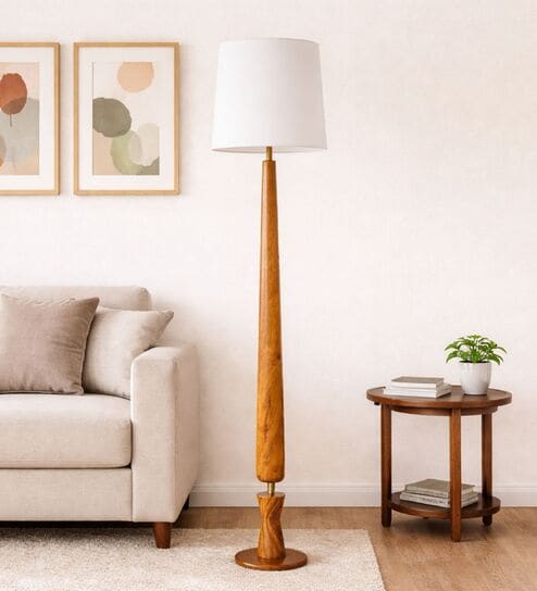 Balance Sculptural Minimal Natural Wooden Floor Lamp for Living Room & Bedroom in Solid White Color Shade
