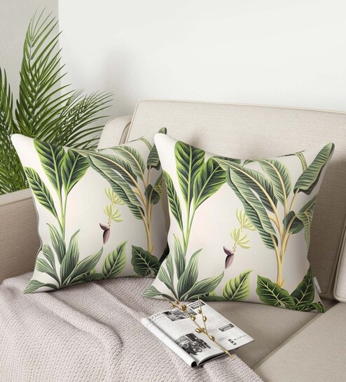 White and Green Floral Cotton 16 x 16 Inches Cushion Covers (Set of 2) by Petal Home