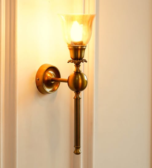 Ball Wall Lamp Brass Antique Finish with Cup Glass Golden Luster Shade