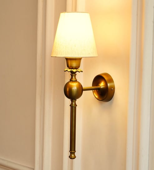 Ball Wall Lamp Brass Antique Finish with Off White Lampshade