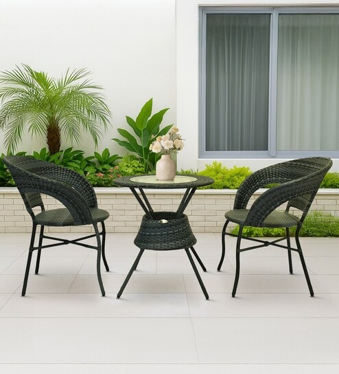Ballarat Wicker Table And Chair Set ( With 2 Chairs ) In Grey Finish