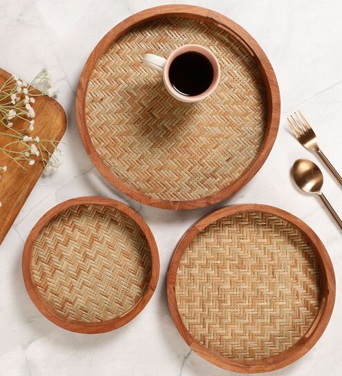 Bamboo Base Acacia Wood Round Chatai Trays Set of Three