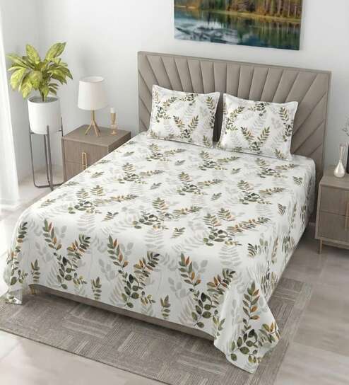 Bamboo Green Metro 186 TC Cotton King Bedsheet With 2 Pillow Covers