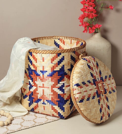 Bamboo Multi Storage Basket,Wicker Laundry Basket With Lid-Medium