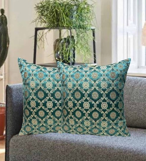 Blue Traditional Banarasi Brocade Silk 16 x 16 Inches Cushion Covers (Set of 2)