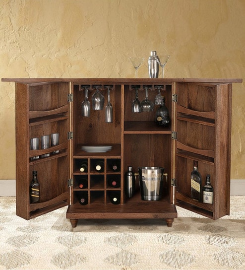 Buy Bar Cabinet With Folding Top In Brown Colour By The Yellow