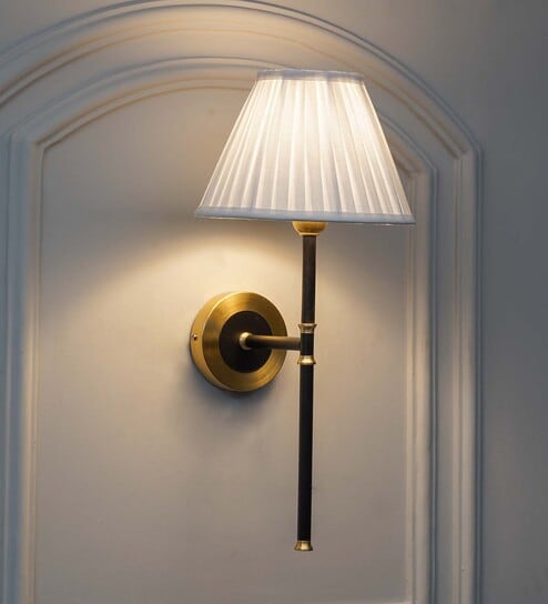 Barbour Single Light Wall Fitting In Black & Brass Finish Metal With White Cotton Shade