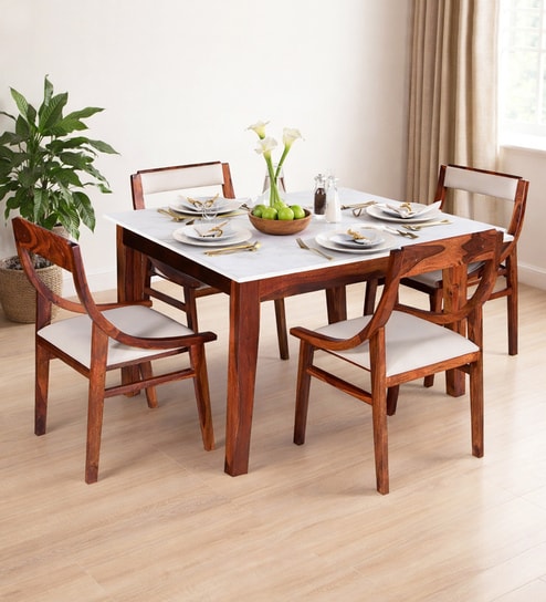 Bardu Sheesham Wood 4 Seater Dining Set Honey Oak Finish