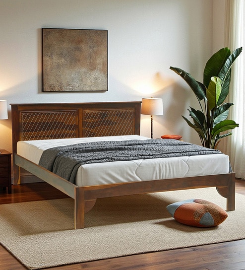 Bardu Sheesham Wood Queen Size Bed In Provincial Teak Finish