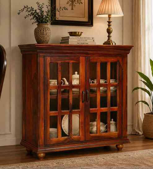 Barkston Sheesham Wood Compact Crockery Unit In Scratch Resistant Honey Oak Finish