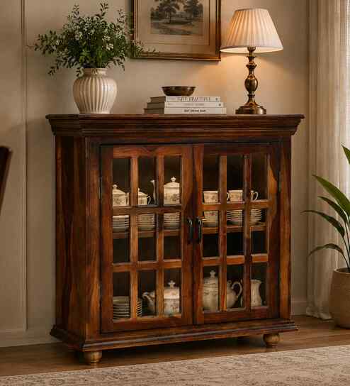 Barkston Sheesham Wood Compact Crockery Unit In Scratch Resistant Provincial Teak Finish