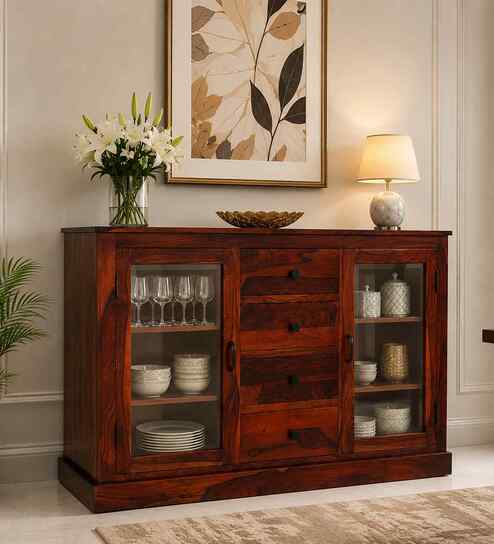 Barkston Sheesham Wood Crockery Unit In Honey Oak Finish
