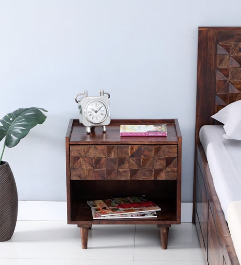 Basel Sheesham Wood Bedside Table in Scratch Resistant Provincial Teak Finish With Drawer