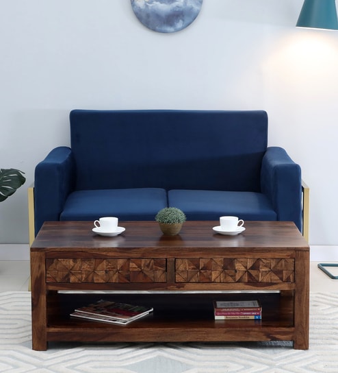 Basel Sheesham Wood Coffee Table in Scratch Resistant Provincial Teak Finish With 2 Drawers