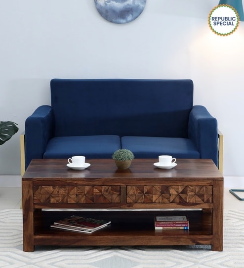 Basel Sheesham Wood Coffee Table in Scratch Resistant Provincial Teak Finish With 2 Drawers