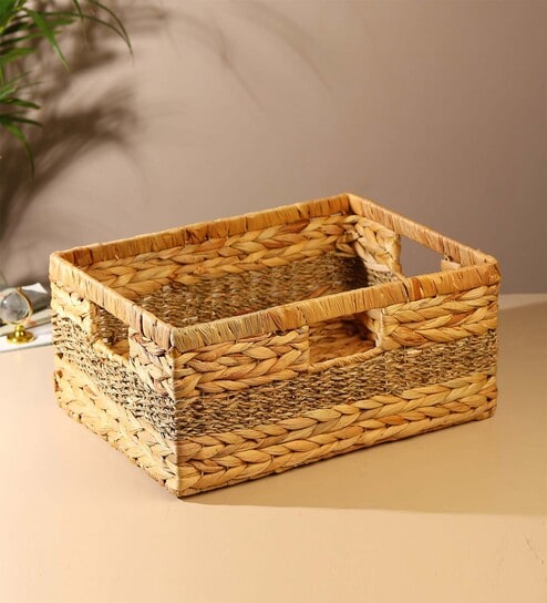 (1Pc) Beige Water Hyacinth Handmade Storage Basket & Wardrobe Organiser