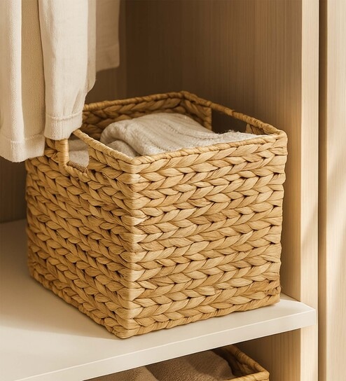 (1Pc) Beige Water Hyacinth Handmade Storage Basket & Wardrobe Organiser