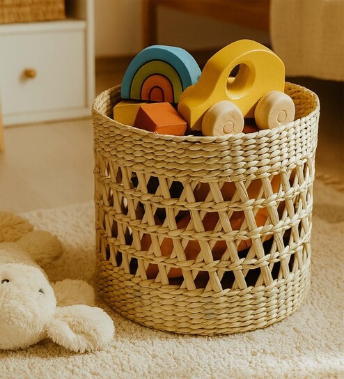 (1Pc) Beige Seagrass Handmade Storage Basket & Wardrobe Organiser