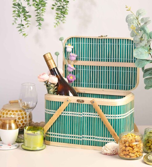 Basket for Lunch | Bamboo Picnic Basket with Top Handle | Wicker Morden Picnic Basket