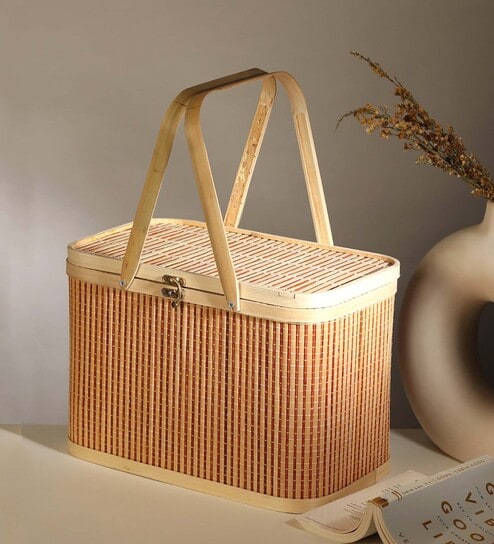 Basket for Lunch | Bamboo Picnic Basket with Top Handle | Wicker Morden Picnic Basket