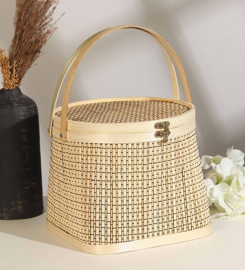 Basket for Lunch | Wicker Morden Picnic Basket | Bamboo Picnic Basket with Top Handle | Ideal for Outdoor Dining and Family Picnics (Beige)