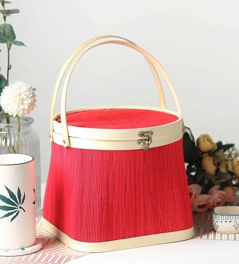 Basket for Lunch | Wicker Morden Picnic Basket | Bamboo Picnic Basket with Top Handle | Ideal for Outdoor Dining and Family Picnics (Red)