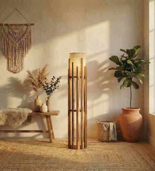 Bastian Wooden Floor Lamp with Jute Shade & Brown Base
