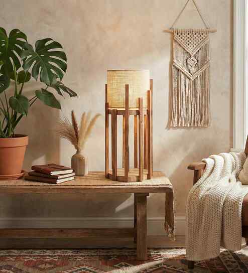 Bastian Wooden Table Lamp with Jute Shade & Brown Base