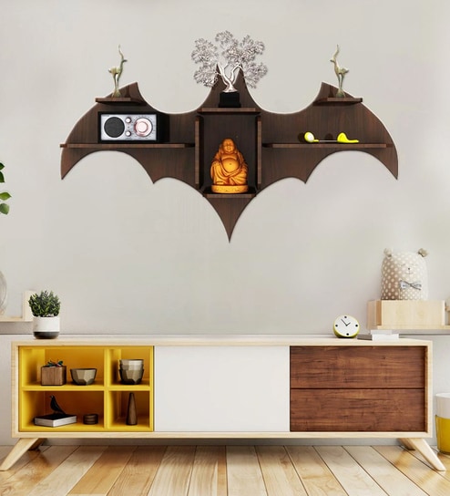 Bat Shape Backlit Designer Wooden Wall Shelf Book Shelf Night Light, Walnut Finish