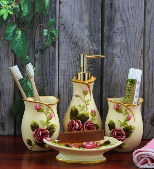 Buy Polyresin Floral Print Bathroom Accessories In Cream Set Of 4 By Shresmo Online Accessory Sets Accessory Sets Homeware Pepperfry Product