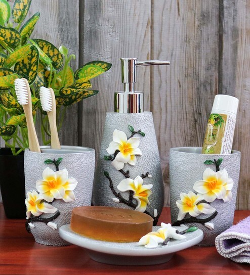 Buy Polyresin Floral Counter Top Bathroom Accessories In Grey Set Of 4 By Shresmo Online Accessory Sets Accessory Sets Discontinued Pepperfry Product