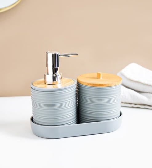 Grey Plastic & Bamboo Bathroom Accessory Set