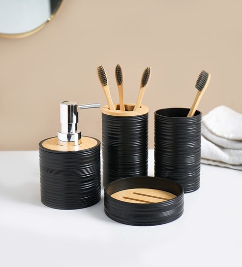 Black Plastic & Bamboo Bathroom Accessory Set
