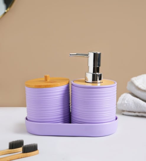 Purple Plastic & Bamboo Bathroom Accessory Set