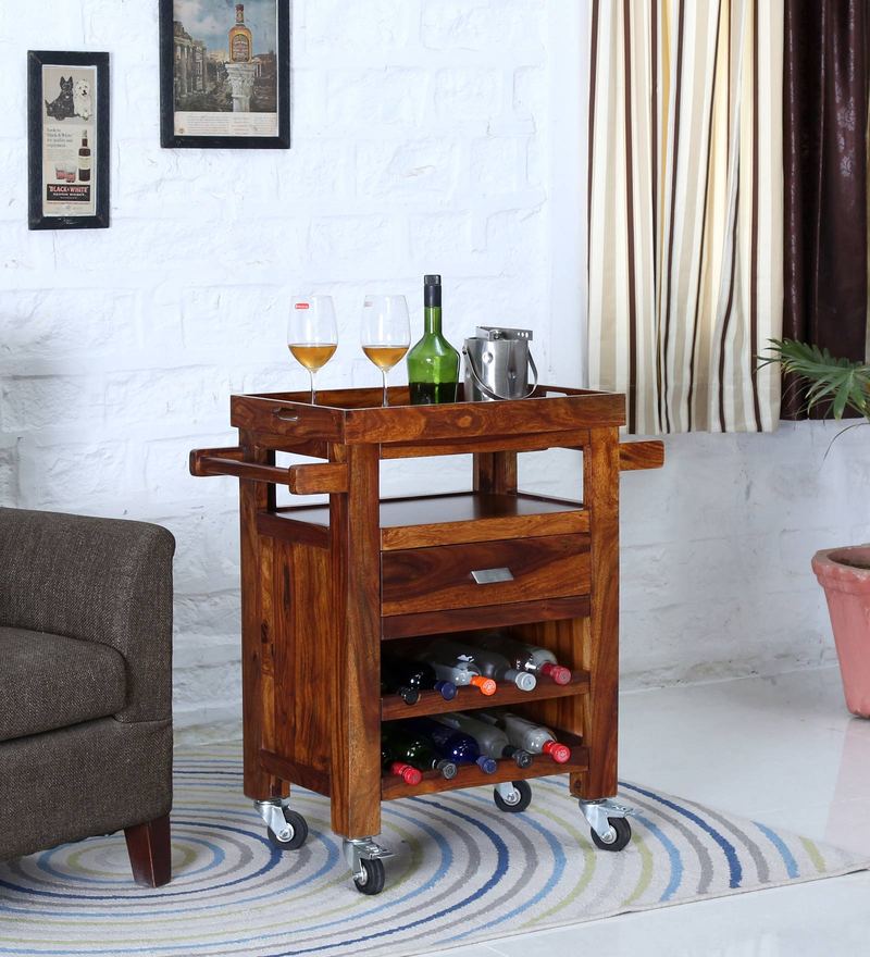 Buy Oriel Solid Wood Bar Trolley in Honey oak Finish By Woodsworth