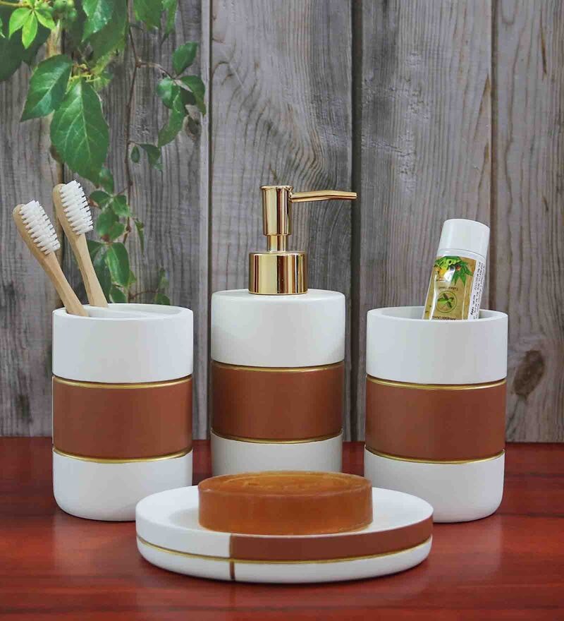 Buy Polyresin Counter Top Bathroom Accessories in Maroon, Set of 4 by