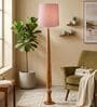 Balance Sculptural Minimal Natural Wooden Floor Lamp for Living Room & Bedroom in Solid Blush Pink Color Shade