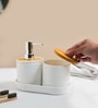 White Plastic & Bamboo Bathroom Accessory Set