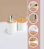 White Plastic & Bamboo Bathroom Accessory Set