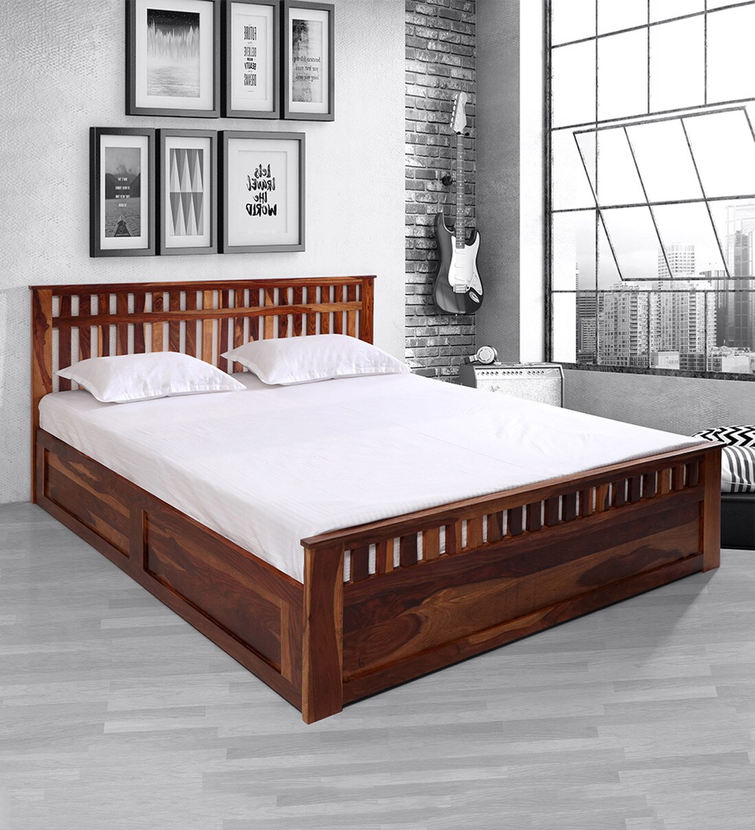 Buy Beatrice Queen Size Bed with Storage in Honey Finish by Evok Online