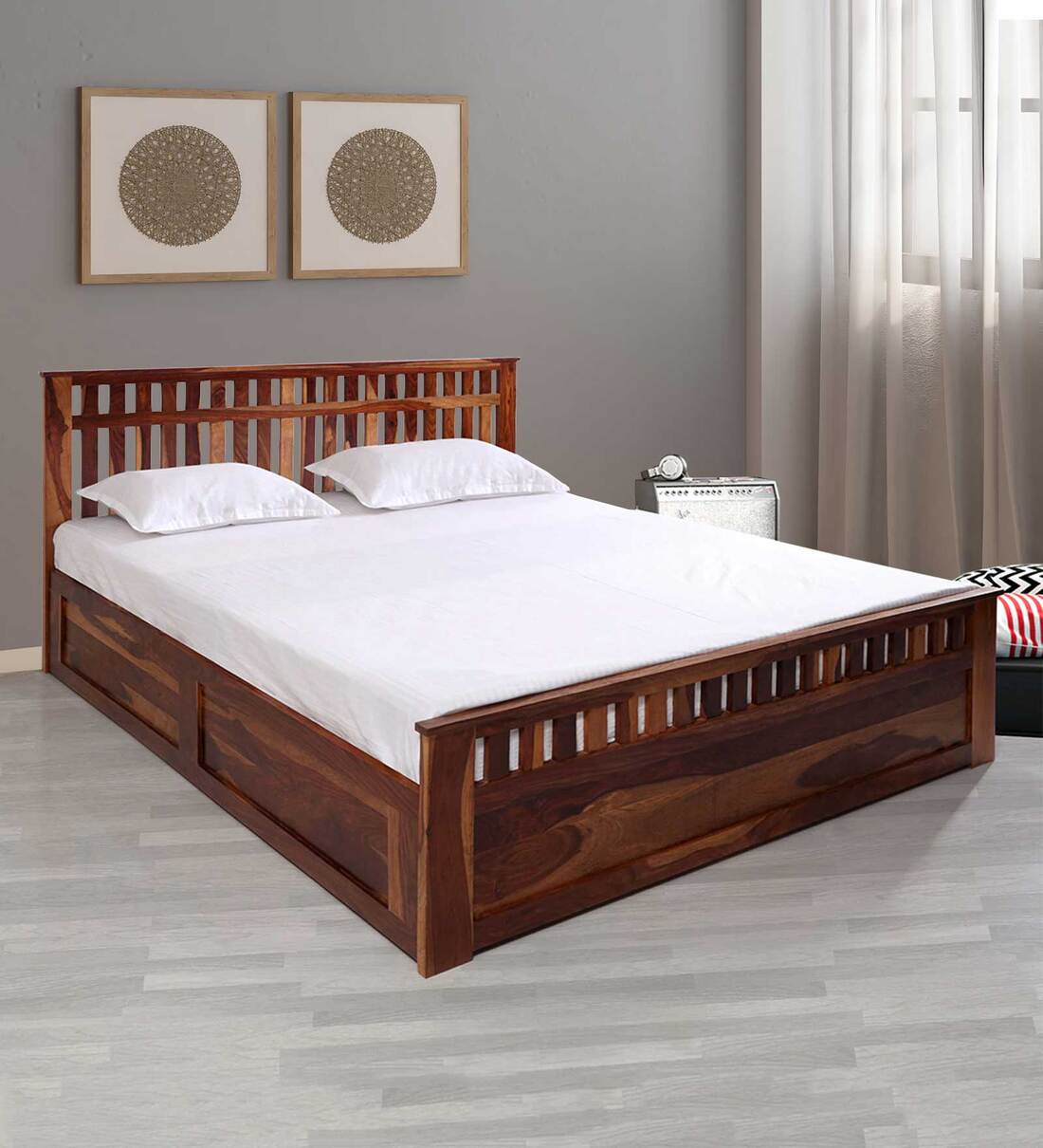 Buy Beatrice Sheesham Wood Queen Size Bed in Honey Finish with Box